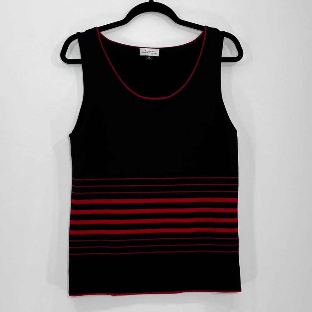 Tahari Arthur S Levine Women 12 Black Red Silk Blend Striped Knit Shell Tank Top
